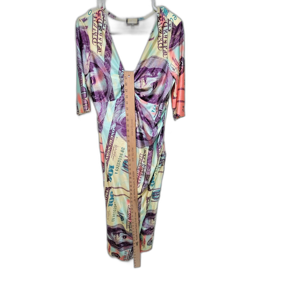 Highlight Custom Money Print Midi Dress V-Neck Long Sleeve  Size 2X